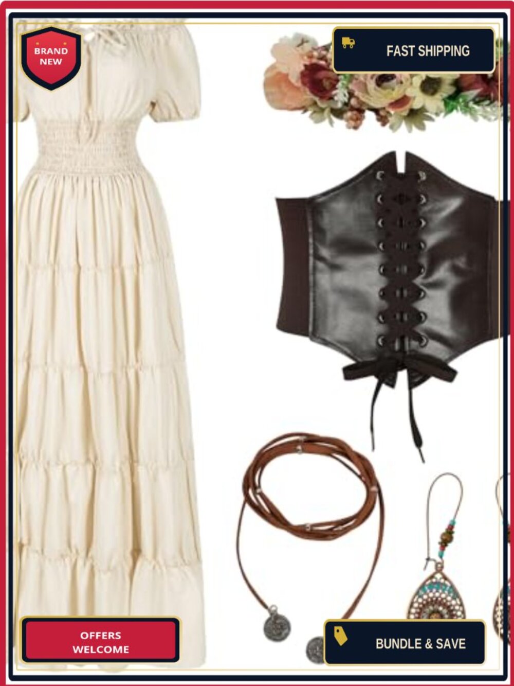 5 Piece Renaissance Medieval Costume Set Dress Corset Flower Crown Women